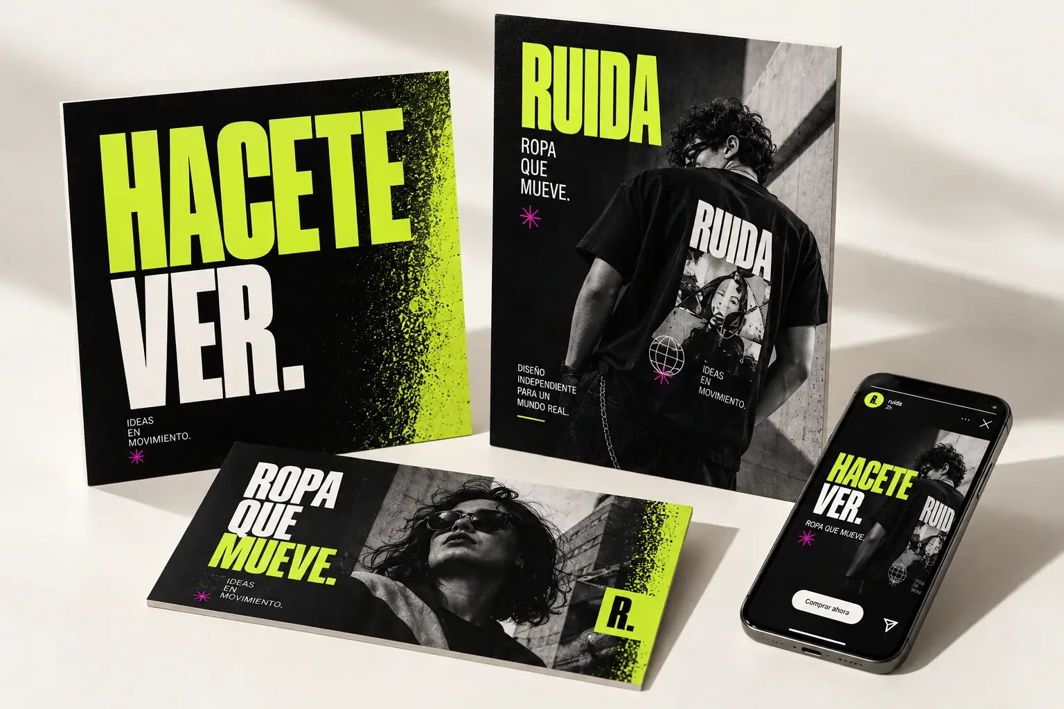 Concepto RUIDA: aplicaciones de campaña en formatos vertical, cuadrado, horizontal y móvil