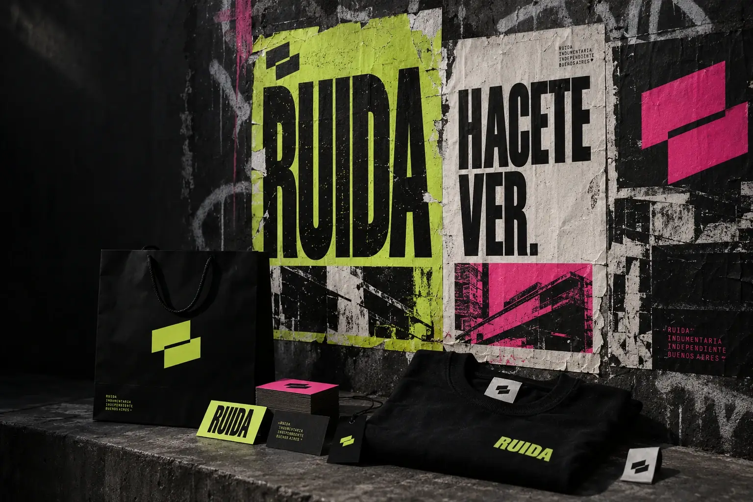 RUIDA · Identidad, tipografía, packaging y campaña urbana. Marca ficticia.