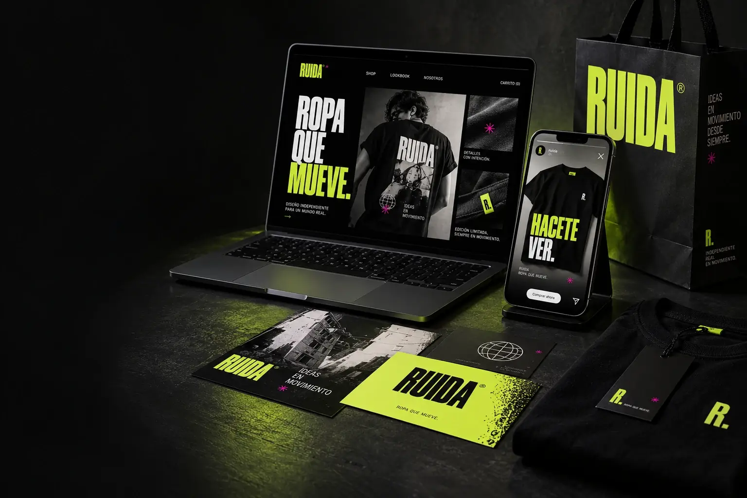RUIDA · Concepto de identidad, web y campaña conectadas. Marca ficticia.